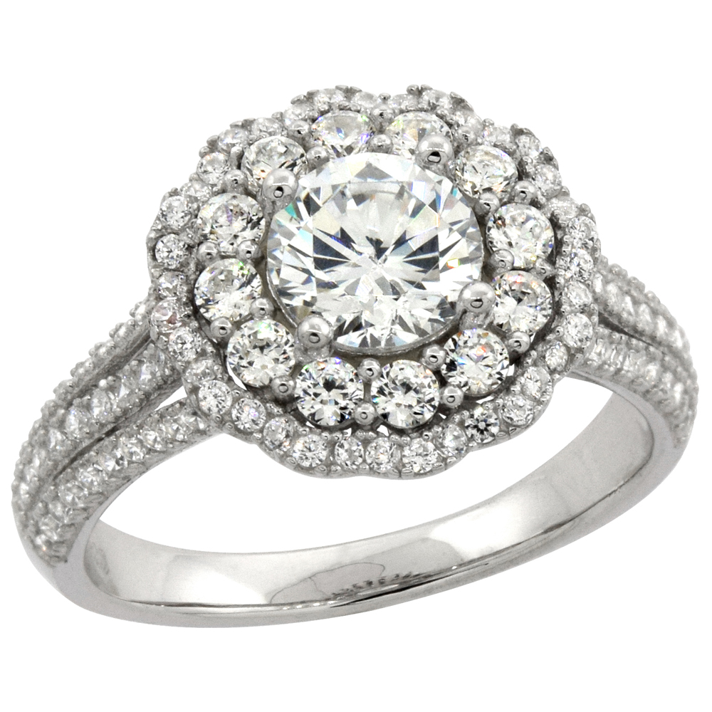 STERLING SILVER MICRO PAVE CUBIC ZIRCONIA SCALLOP HALO 6MM (1CT.) RING, SIZES 6 - 10