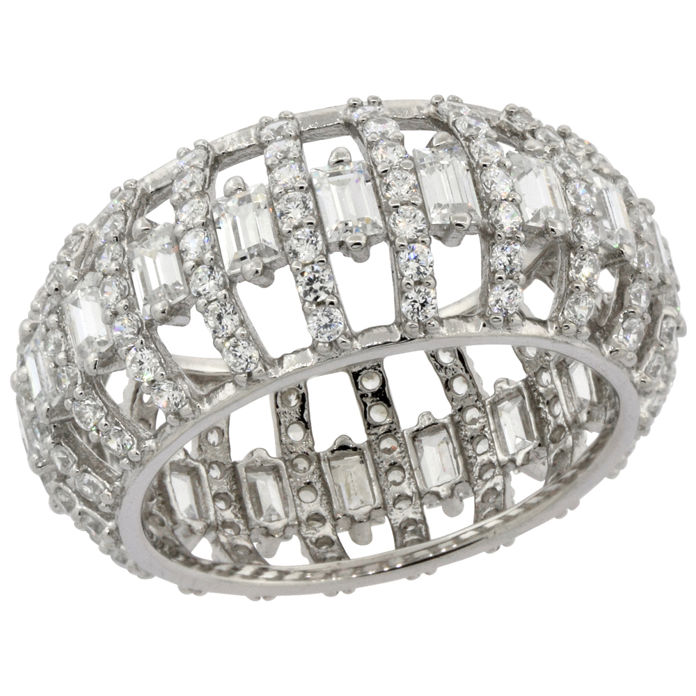 STERLING SILVER MICRO PAVE CUBIC ZIRCONIA OPEN CONVEX BAND RING 3/8 INCH WIDE, SIZES 6 - 9