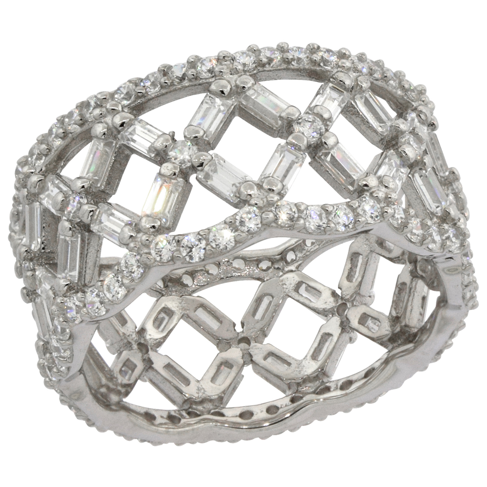 STERLING SILVER MICRO PAVE CUBIC ZIRCONIA WIDE LATTICE ETERNITY RING 7/16 INCH WIDE, SIZES 6 - 9