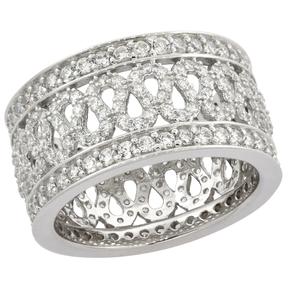 Sterling Silver Micro Pave Cubic Zirconia Curlicue Wedding Band 7/16 inch wide, sizes 6 - 9