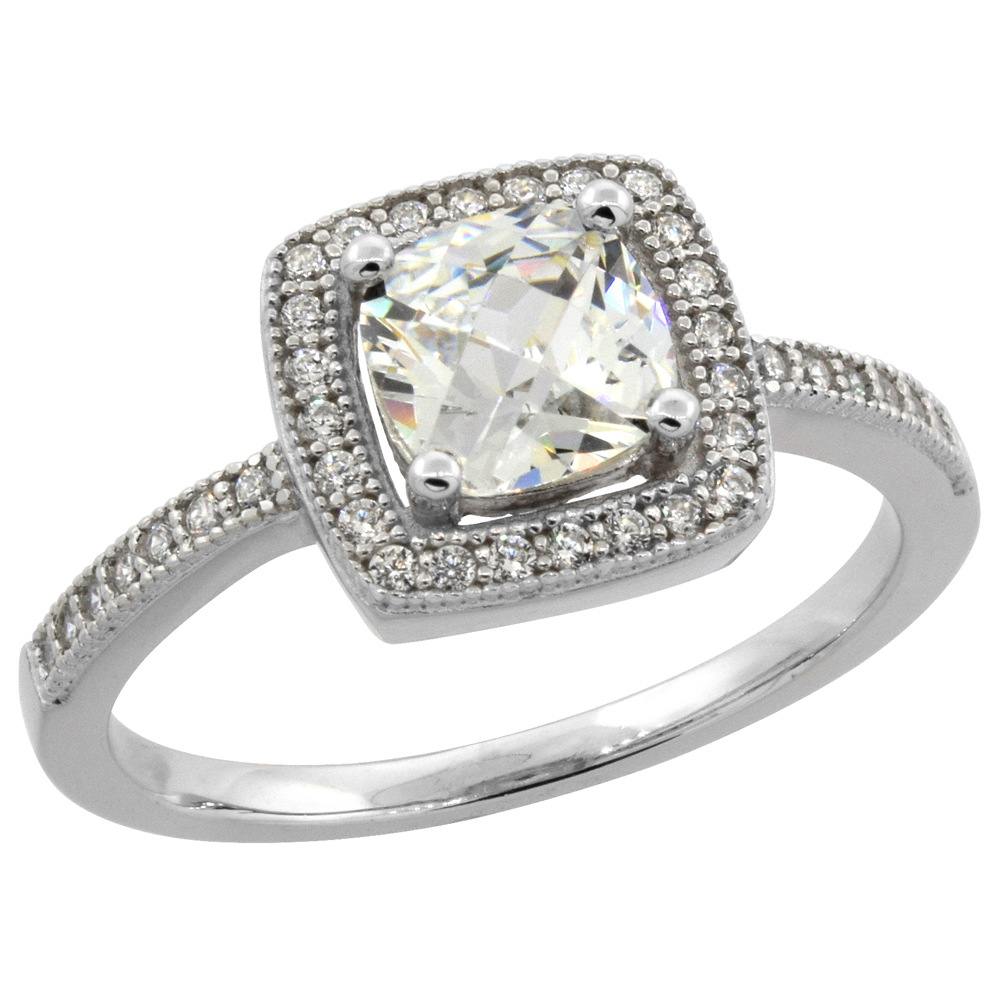 STERLING SILVER MICRO PAVE CUBIC ZIRCONIA PRINCESS CUT HALO RING 6MM, SIZES 6 - 10