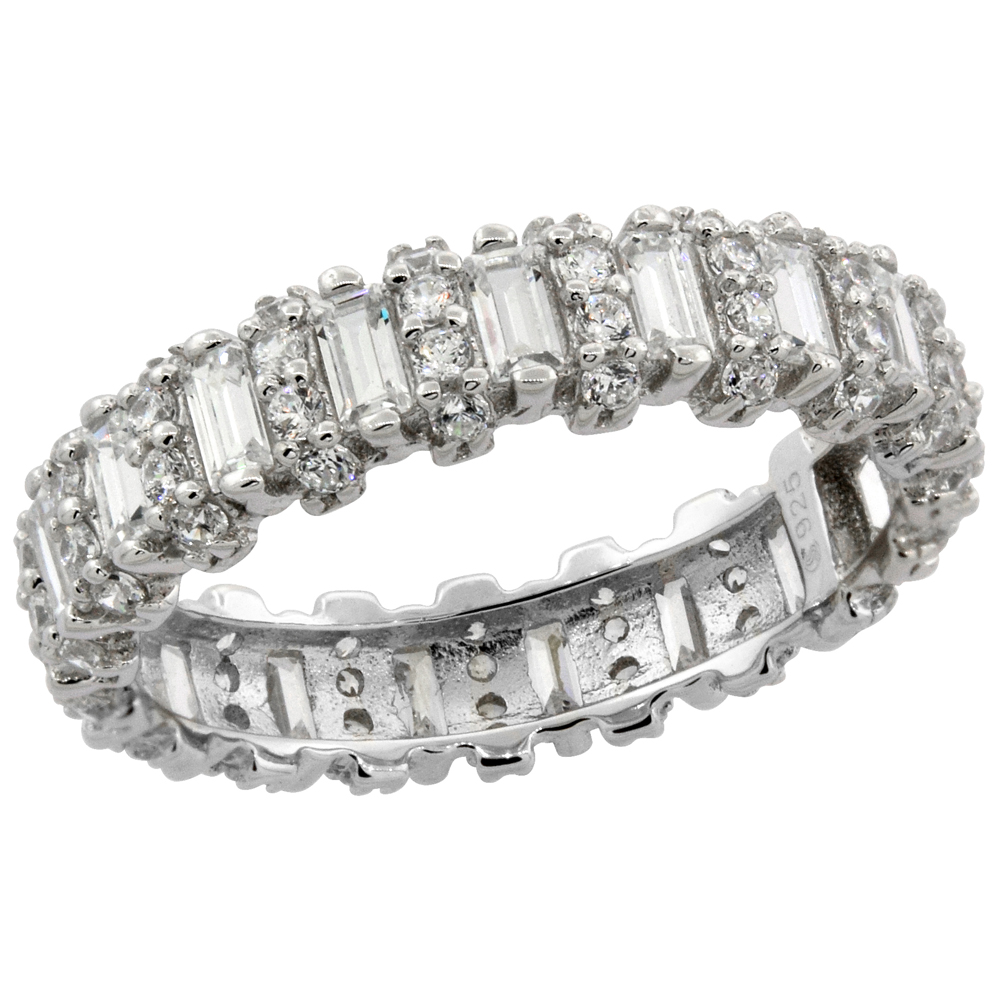 STERLING SILVER MICRO PAVE CUBIC ZIRCONIA BAND RECTANGULAR & ROUND 3/16 INCH WIDE, SIZES 6 - 9