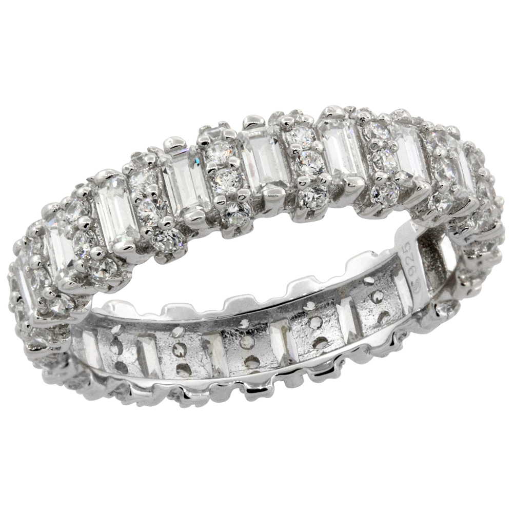 Sterling Silver Micro Pave Cubic Zirconia Band Rectangular & Round 3/16 inch wide, sizes 6 - 9