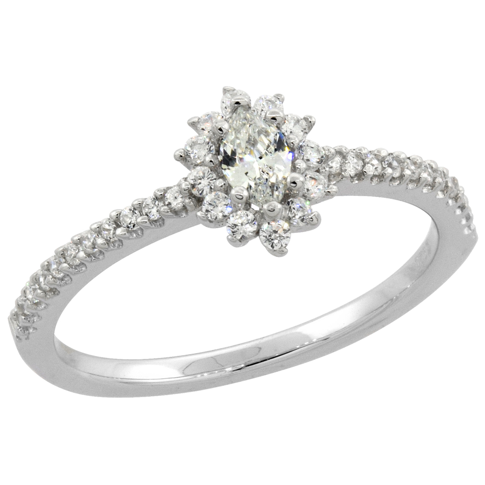 STERLING SILVER MICRO PAVE CUBIC ZIRCONIA FLORAL HALO MARQUISE RING 5MM, SIZES 6 - 10