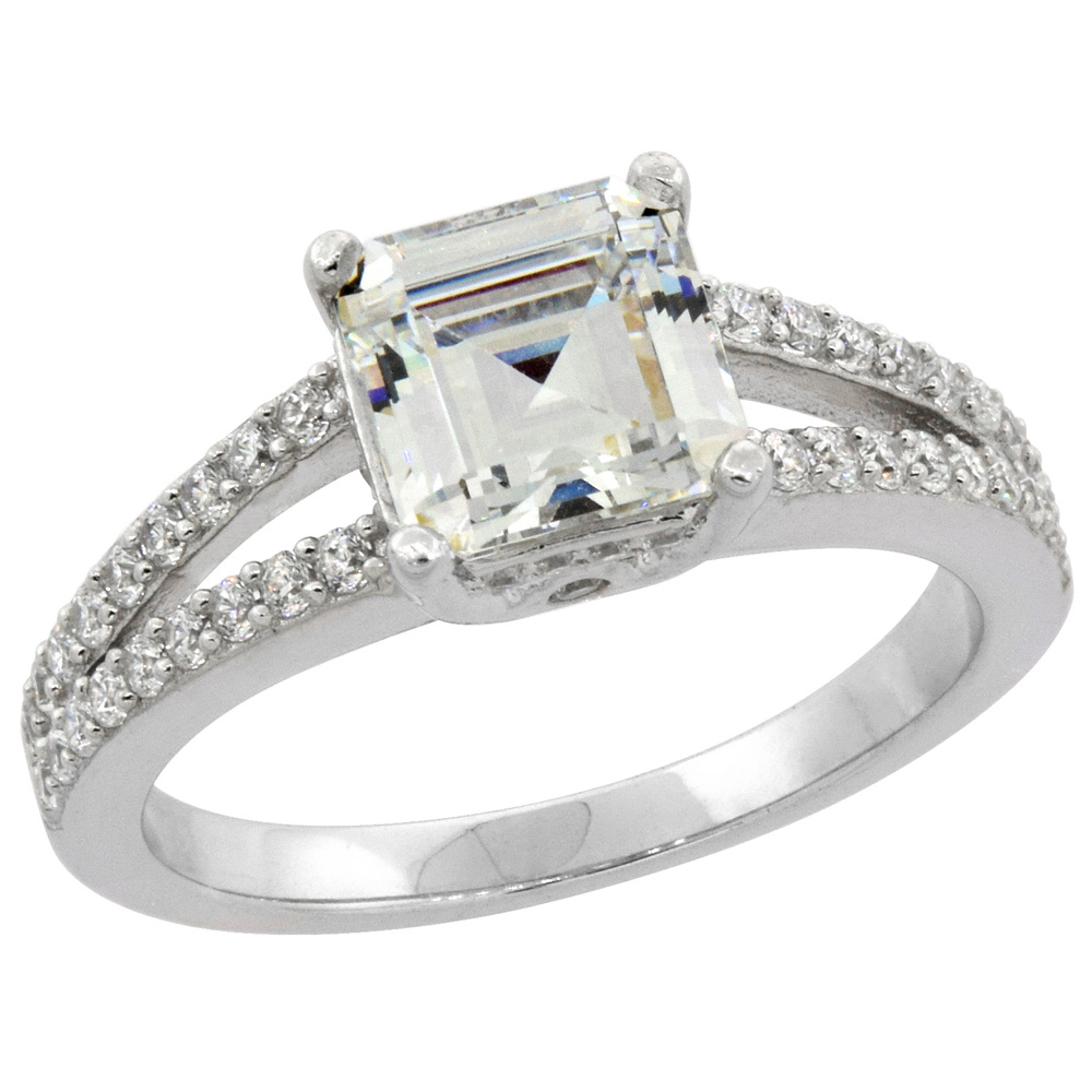 STERLING SILVER MICRO PAVE CUBIC ZIRCONIA RING PRINCESS CUT 7MM, SIZES 6 - 10