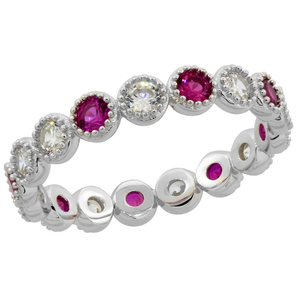 STERLING SILVER MICRO PAVE CUBIC ZIRCONIA RING RED & WHITE 1/8 INCH WIDE, SIZES 6 - 8