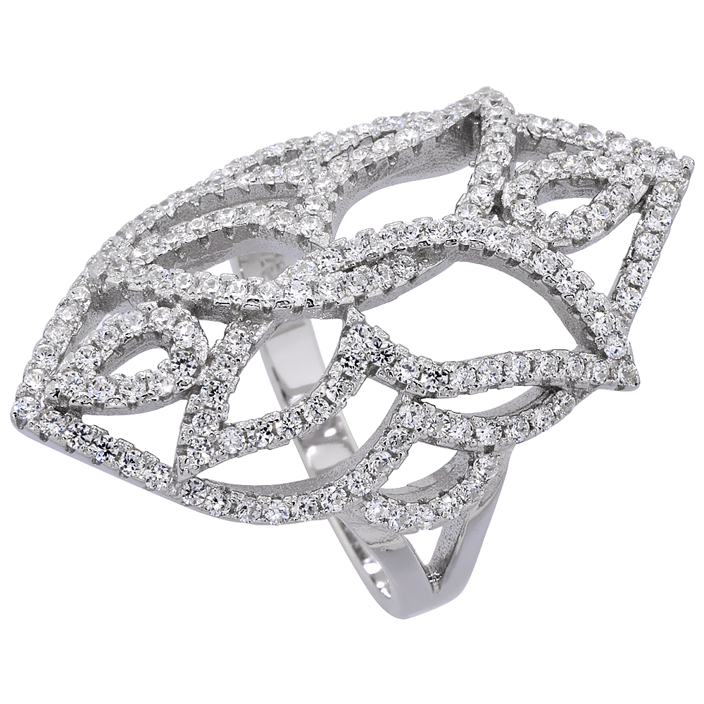 STERLING SILVER CUBIC ZIRCONIA LONG RING MICRO PAVE BUTTERFLY 1 1/4 INCH LONG, SIZES 6 - 9