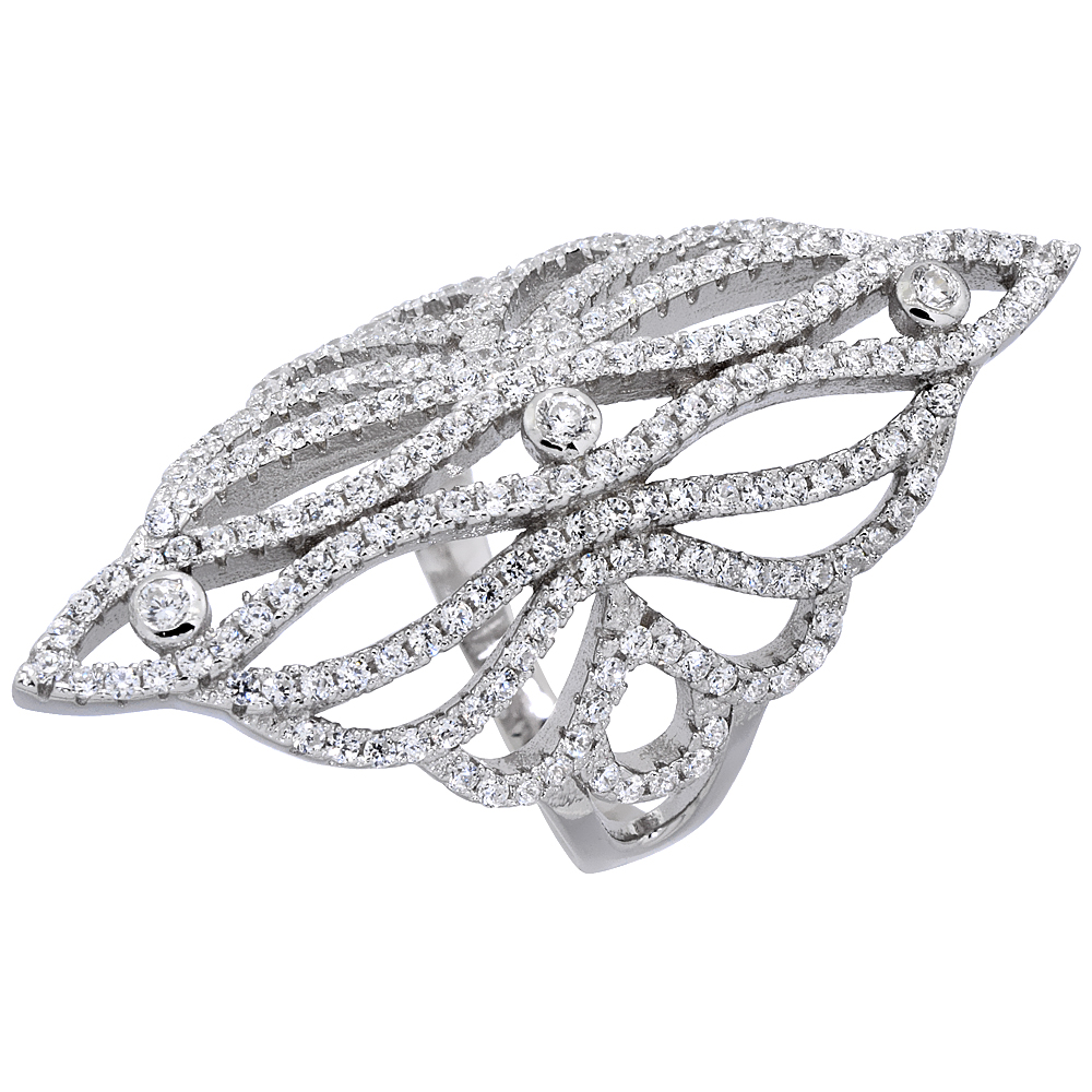 STERLING SILVER CUBIC ZIRCONIA LONG RING MICRO PAVE POINTY 1 1/2 INCH LONG, SIZES 6 - 9