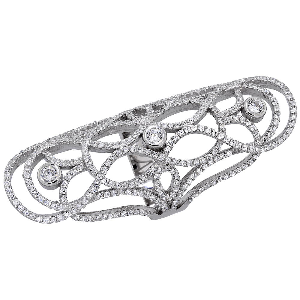 STERLING SILVER CUBIC ZIRCONIA LONG RING MICRO PAVE CURVY LINES 2 1/8 INCH LONG, SIZES 6 - 9