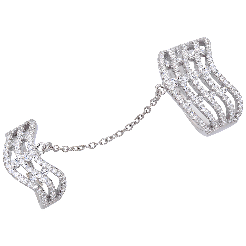 STERLING SILVER CUBIC ZIRCONIA SLAVE RING WAVES MICRO PAVE 1 3/4 INCHES LONG, SIZES 6 - 9