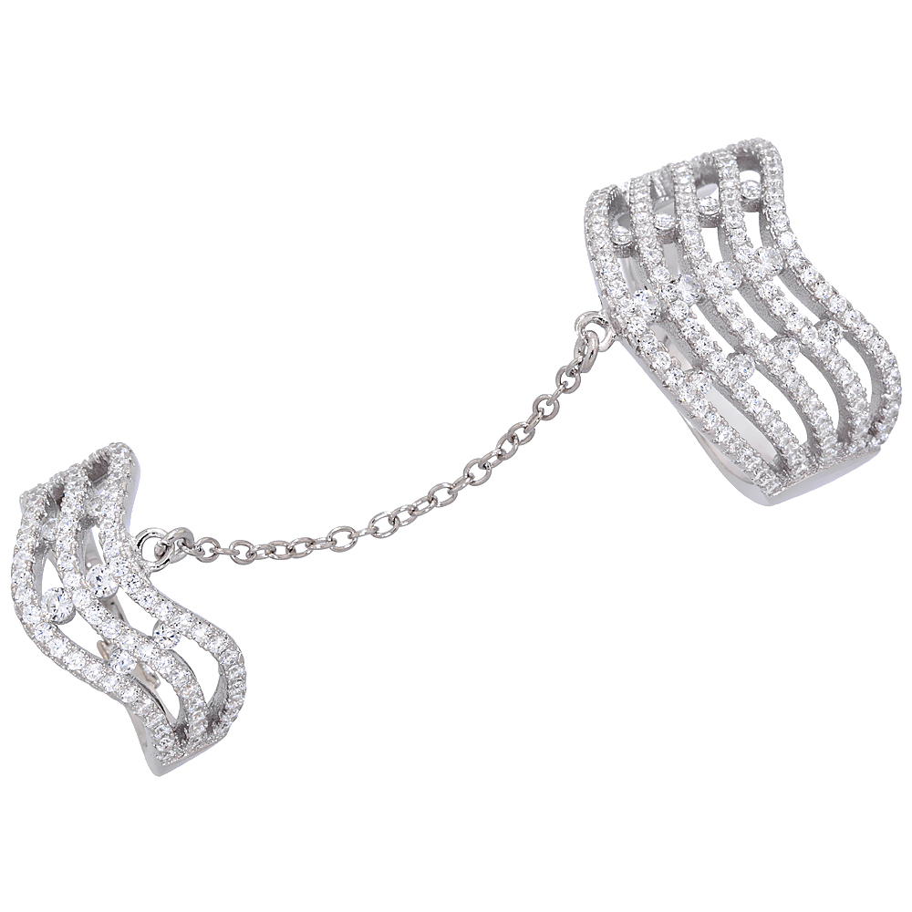 Sterling Silver Cubic Zirconia Slave Ring Waves Micro Pave 1 3/4 inches Long, sizes 6 - 9