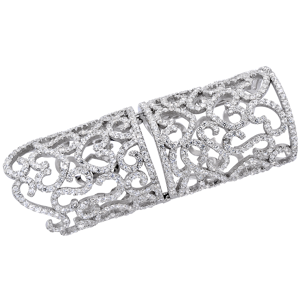 STERLING SILVER CUBIC ZIRCONIA ARMOR RING MICRO PAVE HEARTS & SCROLLS 2 1/4 INCHES LONG, SIZES 6 & 7