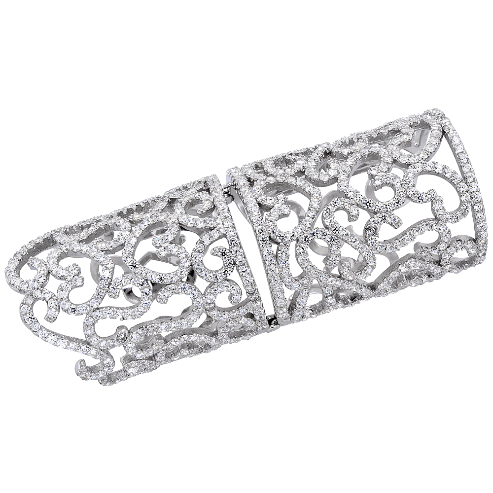 Sterling Silver Cubic Zirconia Armor Ring Micro Pave Hearts & Scrolls 2 1/4 inches Long, sizes 6 & 7