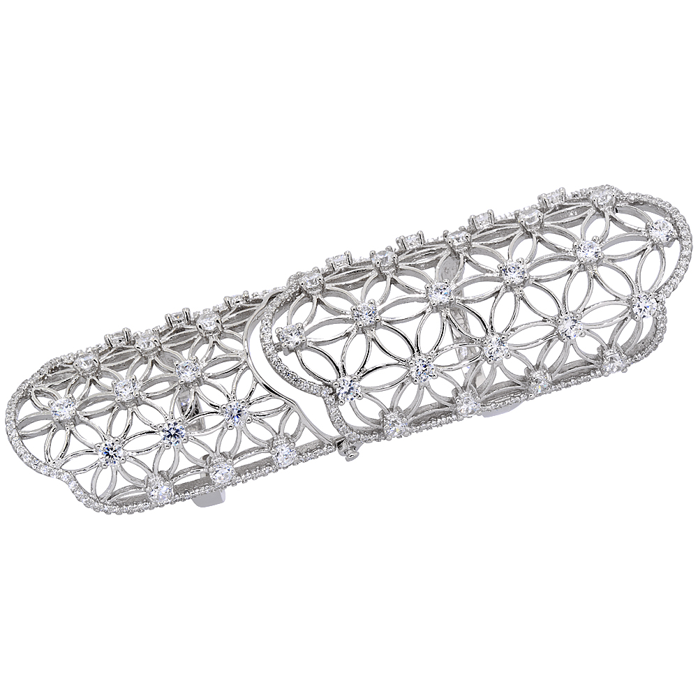 STERLING SILVER CUBIC ZIRCONIA ARMOR RING MICRO PAVE CIRCLES 2 3/4 INCHES LONG, SIZES 6 - 9