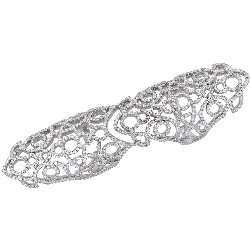 STERLING SILVER CUBIC ZIRCONIA ARMOR RING MICRO PAVE DOUBLE OBLONG 3 INCHES LONG, SIZES 6 - 9