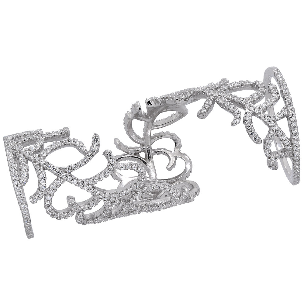 STERLING SILVER CUBIC ZIRCONIA ARMOR RING MICRO PAVE VINE WRAP 1/2 INCH LONG, SIZES 6 - 9