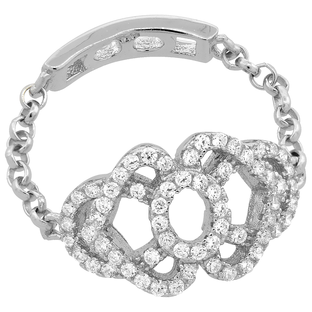 Sterling Silver Cubic Zirconia Chain Ring Micro Pave Hearts 1/2 inch Long, sizes 6 - 9