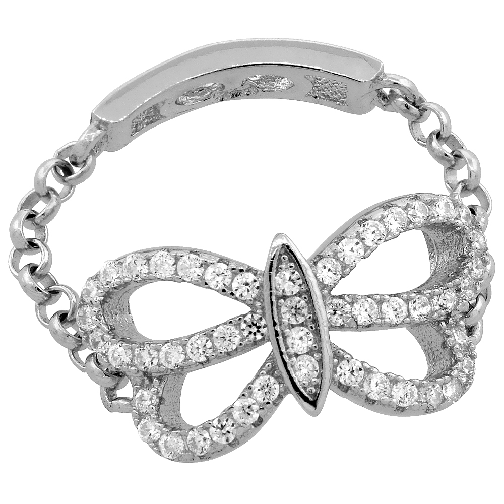 STERLING SILVER CUBIC ZIRCONIA BUTTERFLY RING MICRO PAVE CHAIN SHANK 3/8 INCH LONG, SIZES 6 - 9
