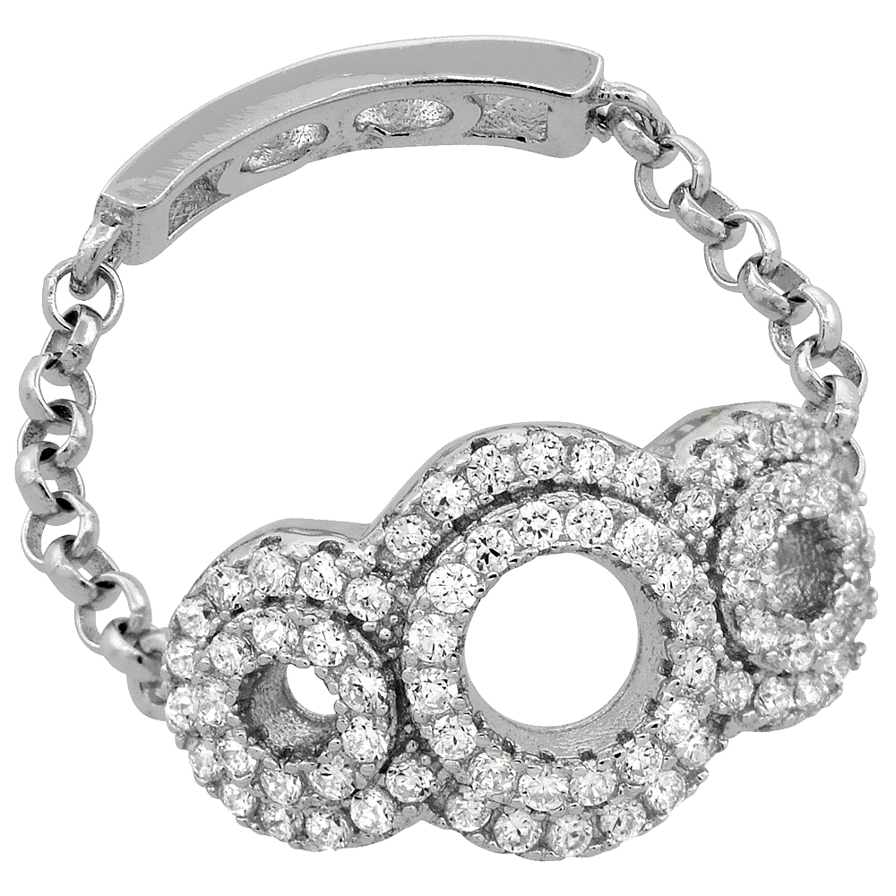 Sterling Silver Cubic Zirconia Circles Ring Micro Pave Chain Shank 3/8 inch Long, sizes 6 - 9