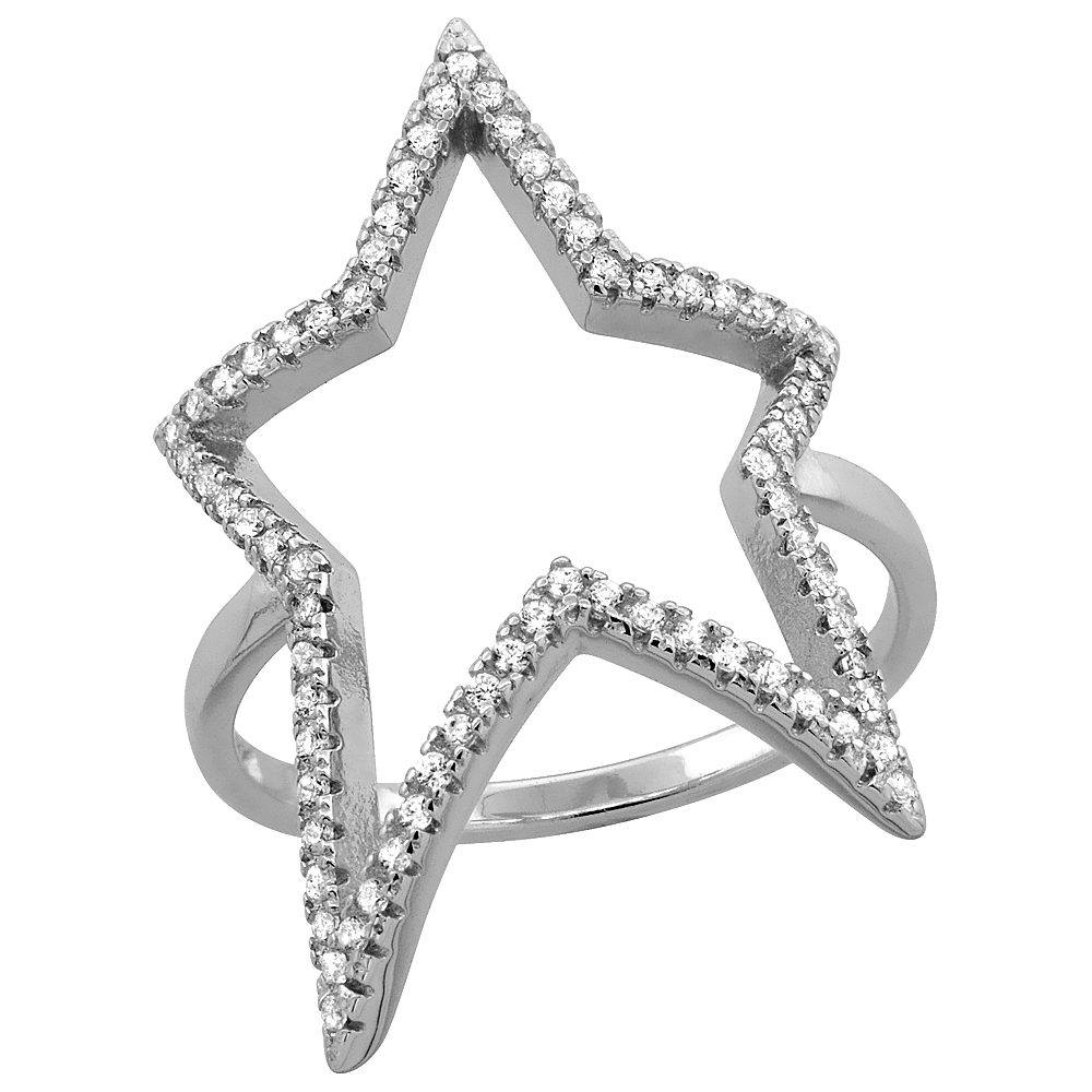 Sterling Silver Cubic Zirconia Star Ring Micro Pave 1 inch Long, sizes 6 - 9