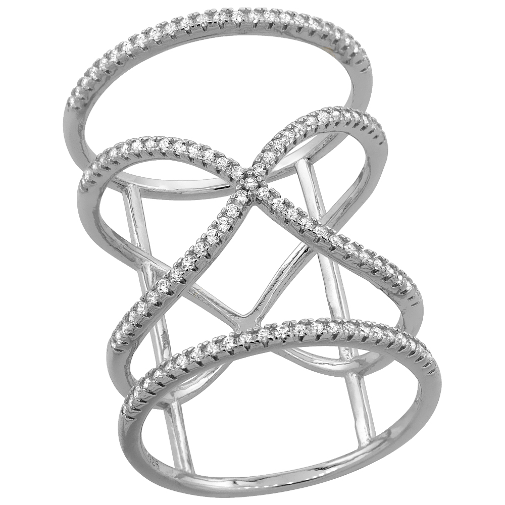 Sterling Silver Cubic Zirconia X Ring Micro Pave with Ring Guards1 inch Long, sizes 6 - 9