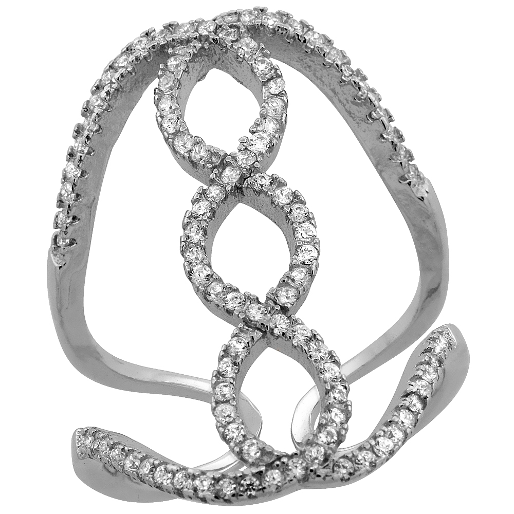 STERLING SILVER CUBIC ZIRCONIA DOUBLE HELIX RING MICRO PAVE 1 INCH LONG, SIZES 6 - 9