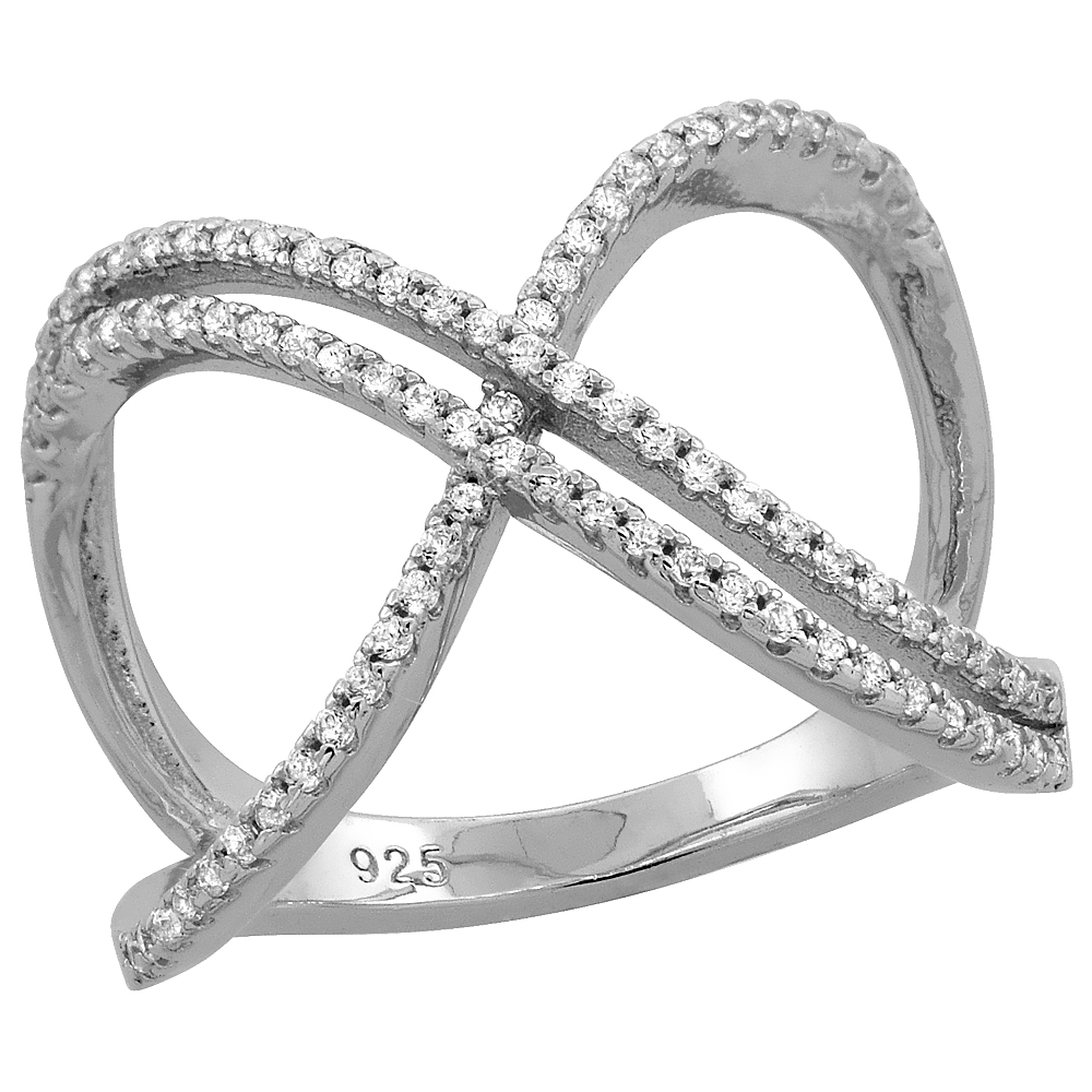 STERLING SILVER CUBIC ZIRCONIA X RING MICRO PAVE TWO ROW 5/8 INCH LONG, SIZES 6 - 9