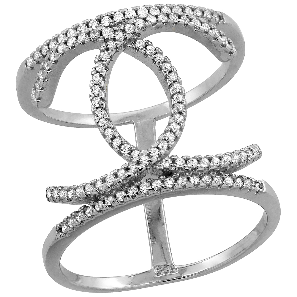 STERLING SILVER CUBIC ZIRCONIA TWO C'S RING MICRO PAVE 3/4 INCH LONG, SIZES 6 - 9