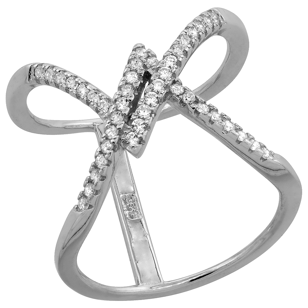 Sterling Silver Cubic Zirconia Interlaced Chevrons Ring Micro Pave 3/4 inch Long, sizes 6 - 9