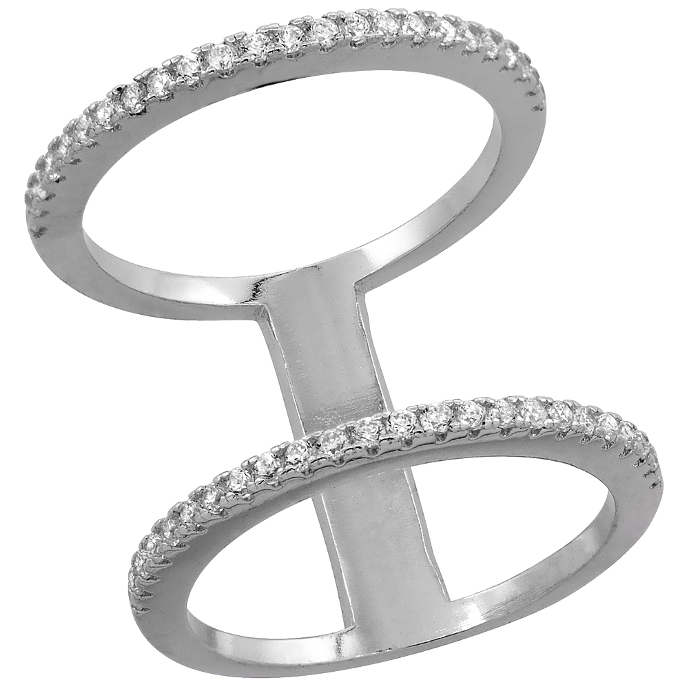 STERLING SILVER CUBIC ZIRCONIA SPACED DOUBLE RING MICRO PAVE 3/4 INCH LONG, SIZES 6 - 9