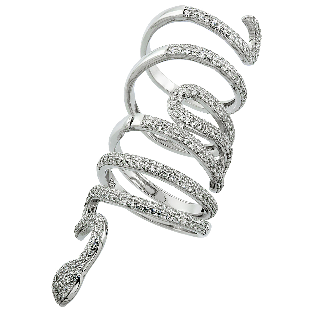 Sterling Silver Cubic Zirconia Winding Serpent Wrap Ring Micro Pave 2 3/16 inch Long, sizes 6 - 9