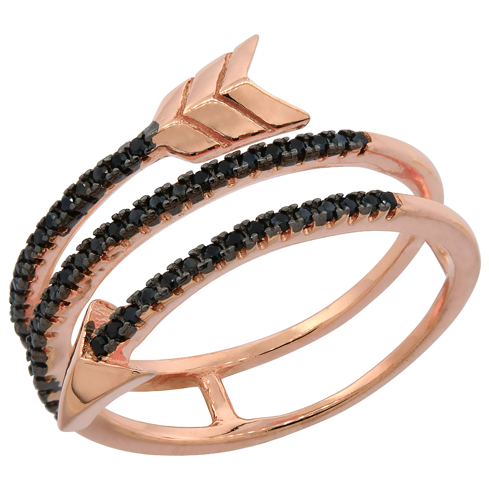 STERLING SILVER BLACK CUBIC ZIRCONIA ARROW RING MICRO PAVE ROSE GOLD FINISH 1/2 INCH WIDE, SIZES 6 - 9