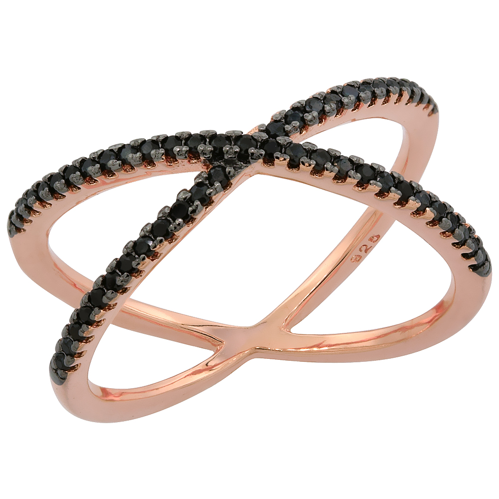 Sterling Silver Black Cubic Zirconia Criss Cross Ring Micro Pave Rose Gold Finish 3/8 inch wide, sizes 6 - 9
