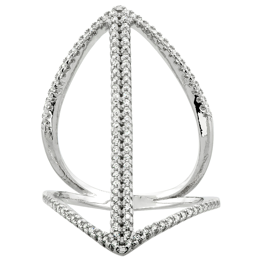 STERLING SILVER CUBIC ZIRCONIA LONG RING MICRO PAVE 1 5/16 INCH WIDE, SIZES 6 - 9