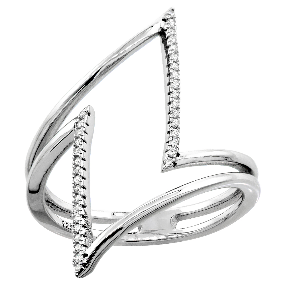 STERLING SILVER CUBIC ZIRCONIA PARALLELOGRAM RING MICRO PAVE 1 1/32 INCH WIDE, SIZES 6 - 9