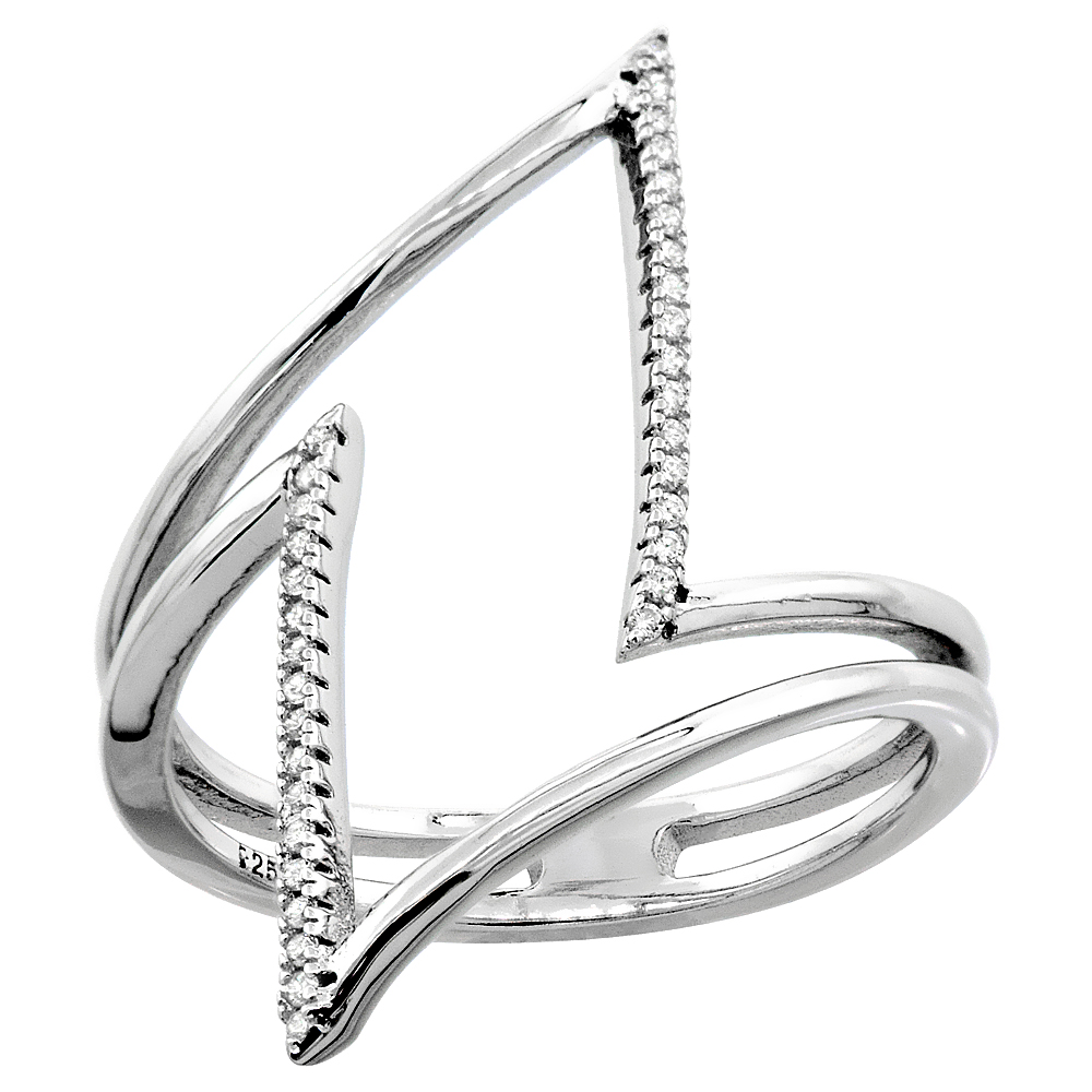 Sterling Silver Cubic Zirconia Parallelogram Ring Micro pave 1 1/32 inch wide, sizes 6 - 9