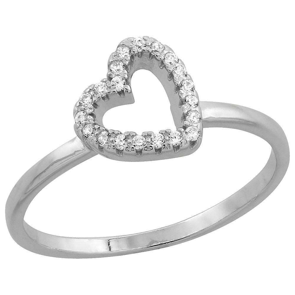 STERLING SILVER CUBIC ZIRCONIA DAINTY HEART RING MICRO PAVE 5/16 INCH LONG, SIZES 5 - 9