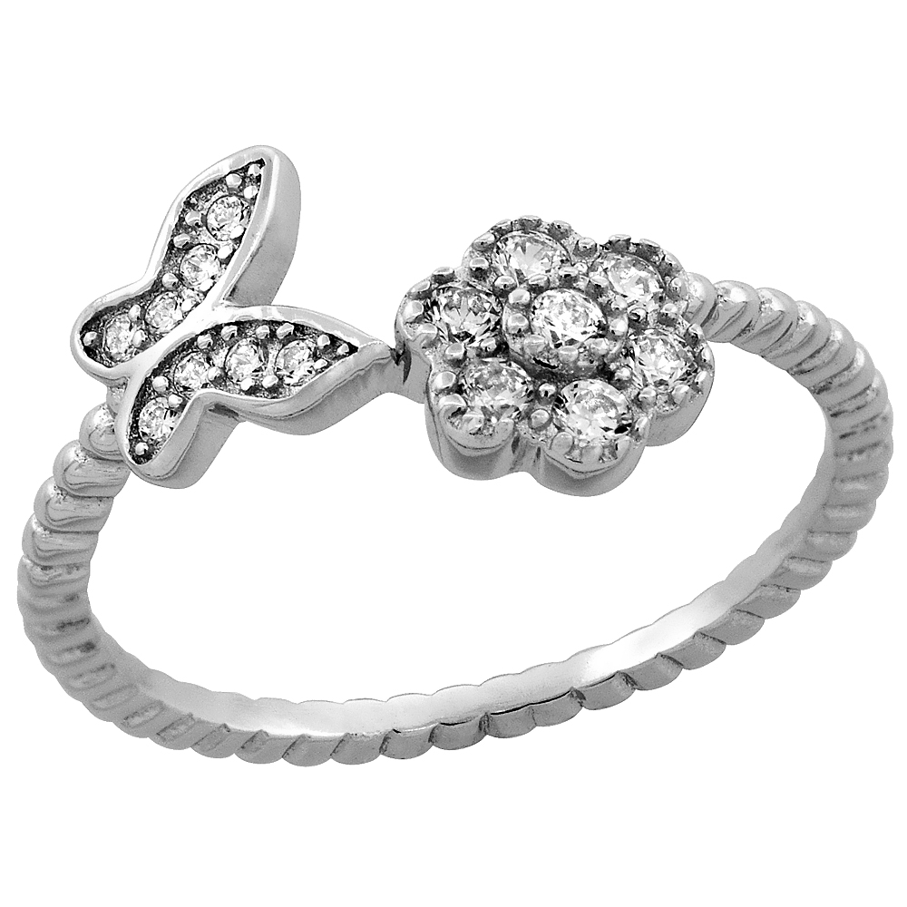 Sterling Silver Cubic Zirconia Dainty Flower & Butterfly Ring Micro Pave 3/8 inch Long, sizes 5 - 9