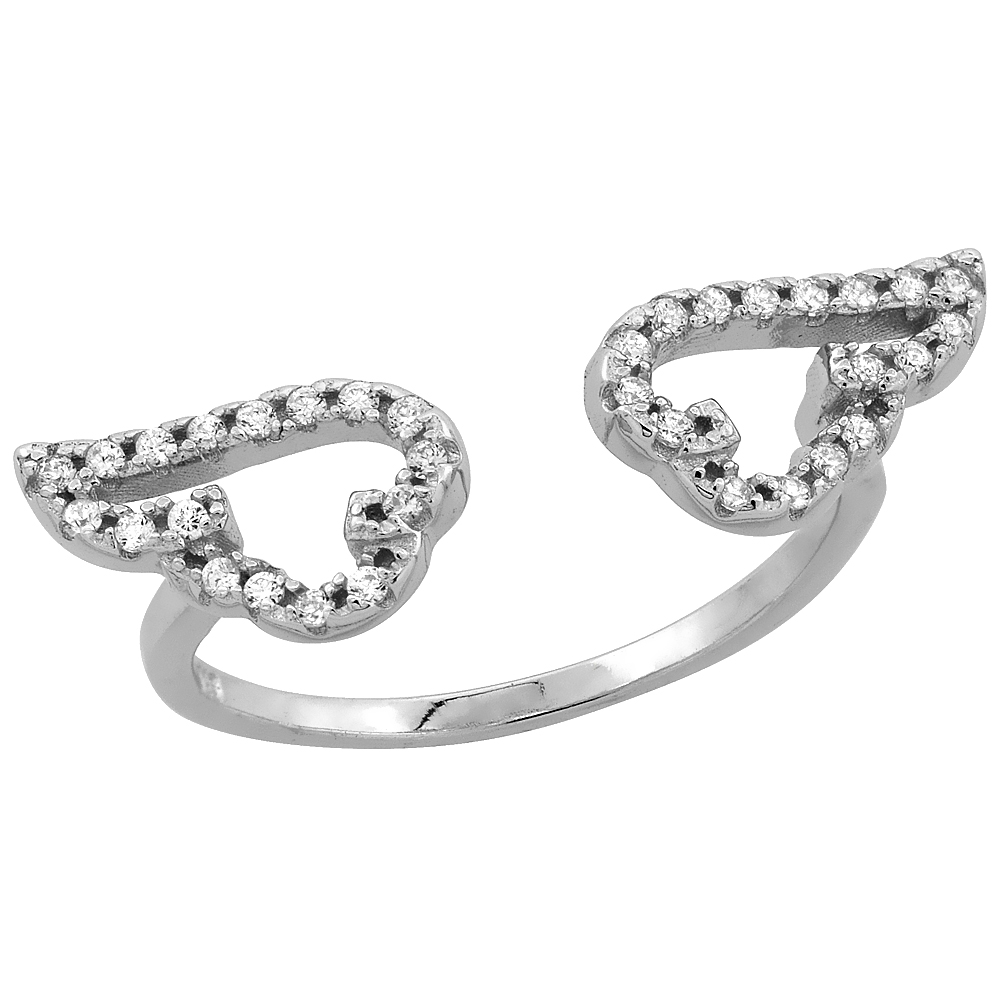 STERLING SILVER CUBIC ZIRCONIA DAINTY ANGEL WINGS RING MICRO PAVE OPEN 1/4 INCH LONG, SIZES 5 - 9