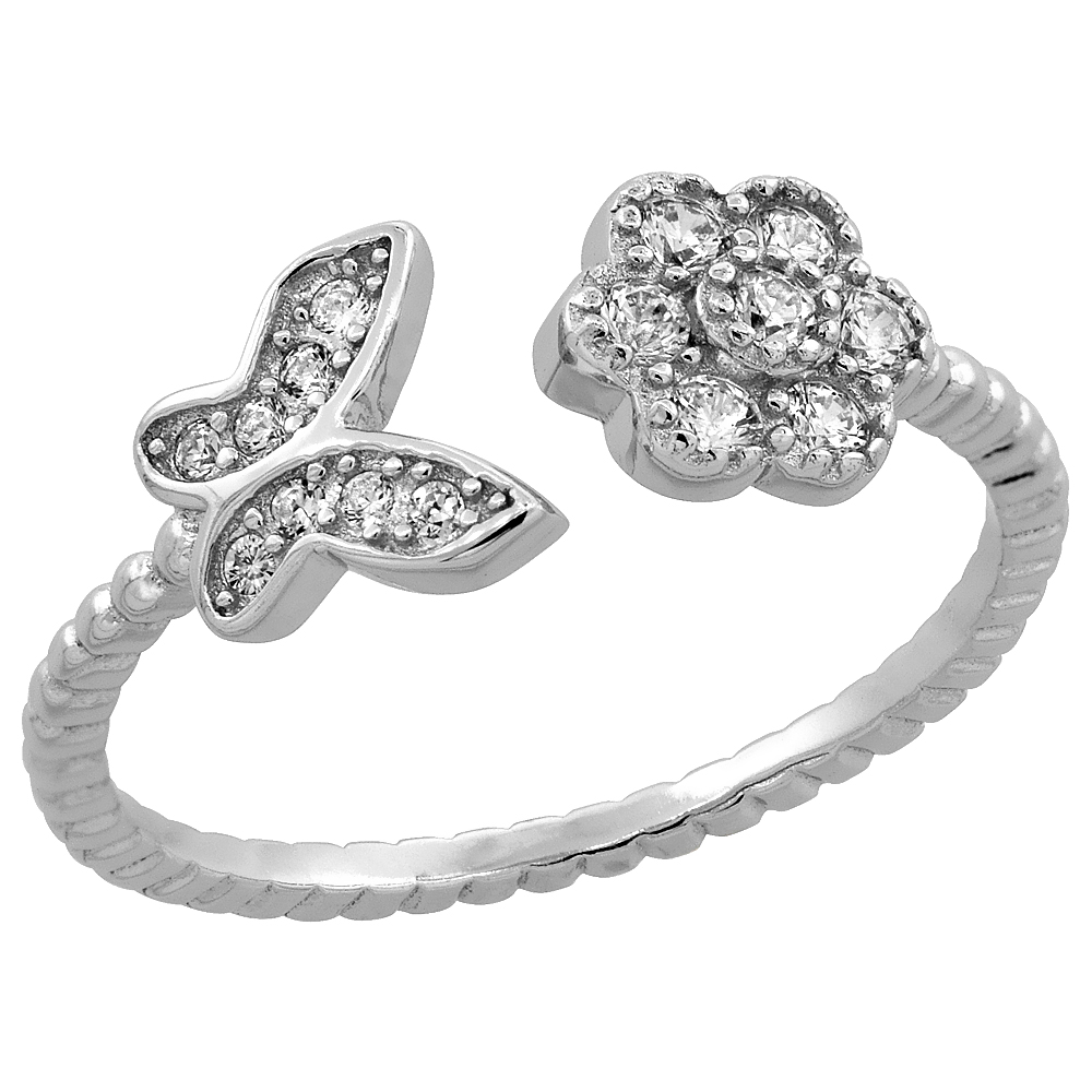 Sterling Silver Cubic Zirconia Dainty Flower & Butterfly Ring Micro Pave Open 1/4 inch Long, sizes 5 - 9