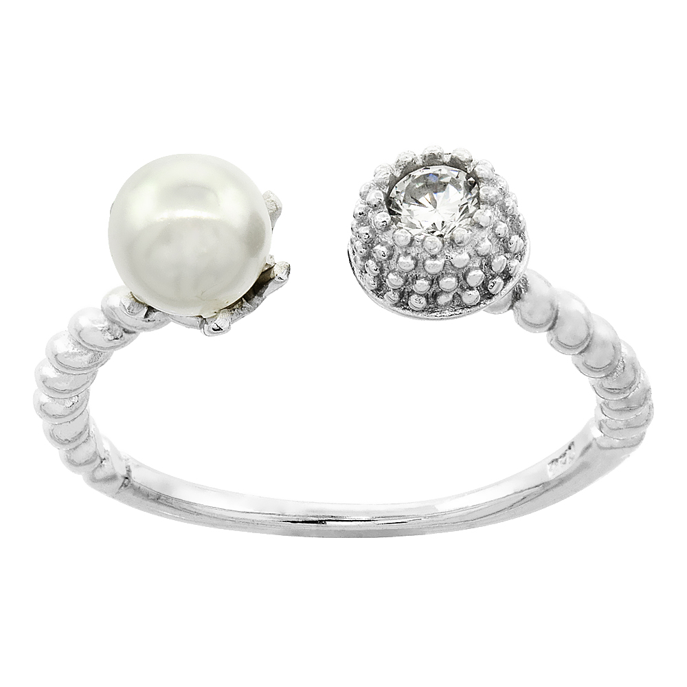 STERLING SILVER CUBIC ZIRCONIA & FAUX PEARL TWISTED OPEN RING 5MM, SIZES 6 - 9