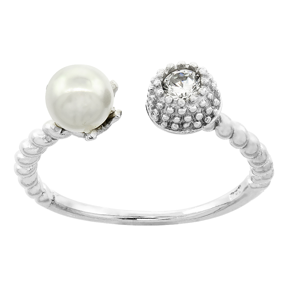 Sterling Silver Cubic Zirconia &amp; Faux Pearl Twisted Open Ring 5mm, sizes 6 - 9