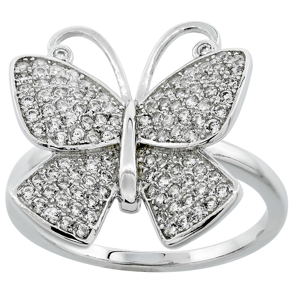 STERLING SILVER CUBIC ZIRCONIA BUTTERFLY RING MICRO PAVE 5/8 INCH WIDE, SIZES 6 - 9