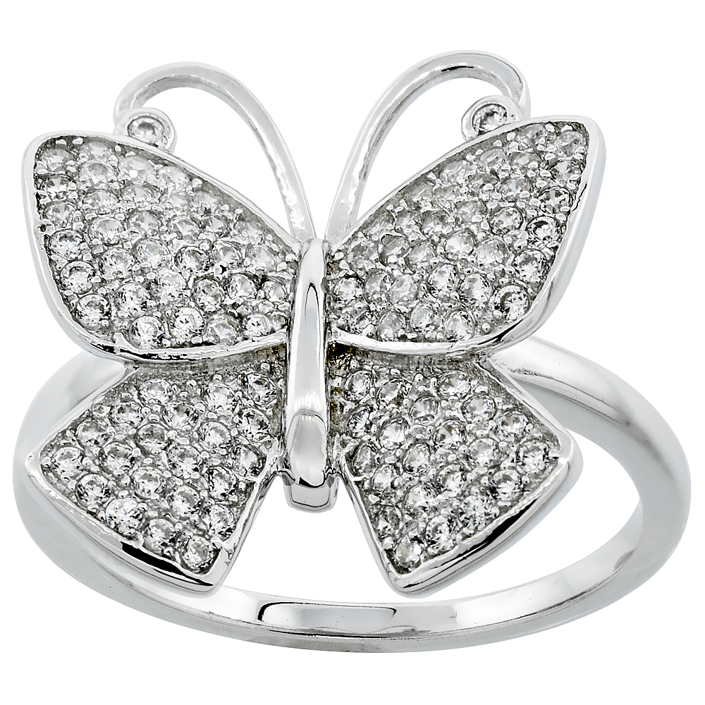 Sterling Silver Cubic Zirconia Butterfly Ring Micro pave 5/8 inch wide, sizes 6 - 9
