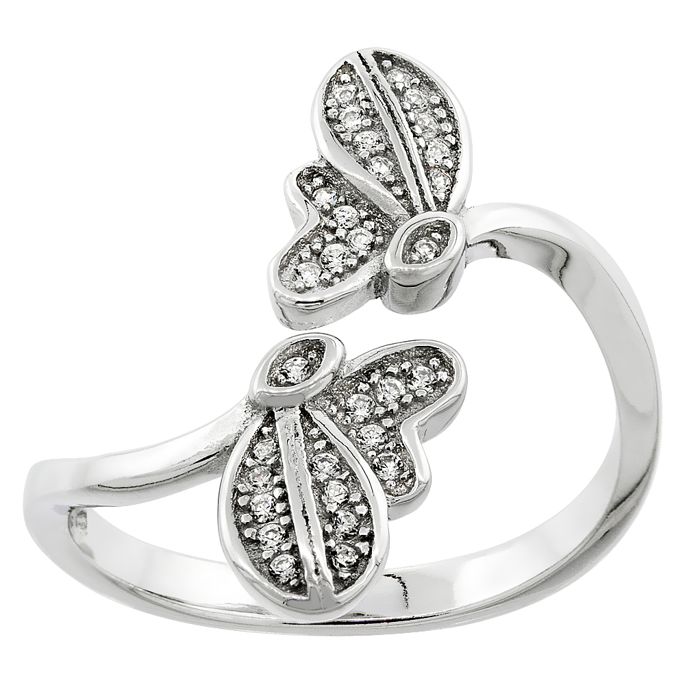 STERLING SILVER CUBIC ZIRCONIA BUTTERFLY RING MICRO PAVE 13/16 INCH WIDE, SIZES 6 - 9