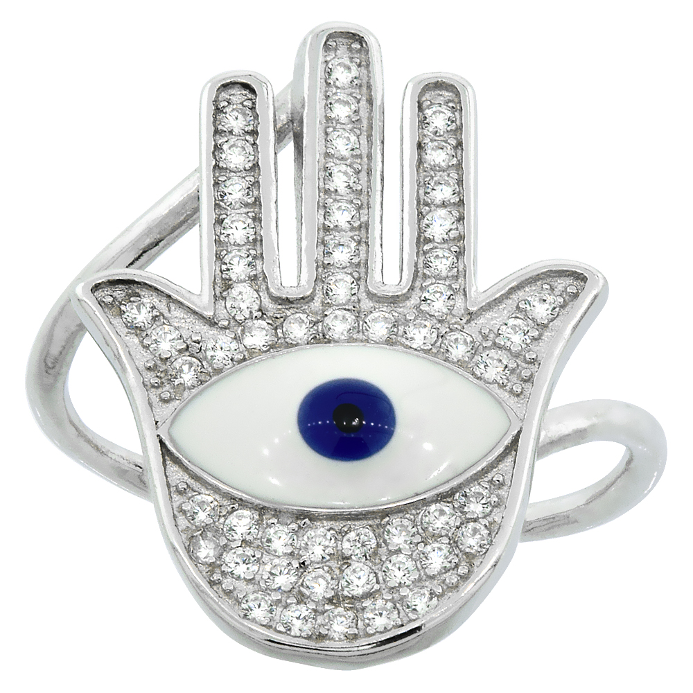 STERLING SILVER CUBIC ZIRCONIA HAMSA EVIL EYE RING MICRO PAVE 13/16 INCH WIDE, SIZES 6 - 9