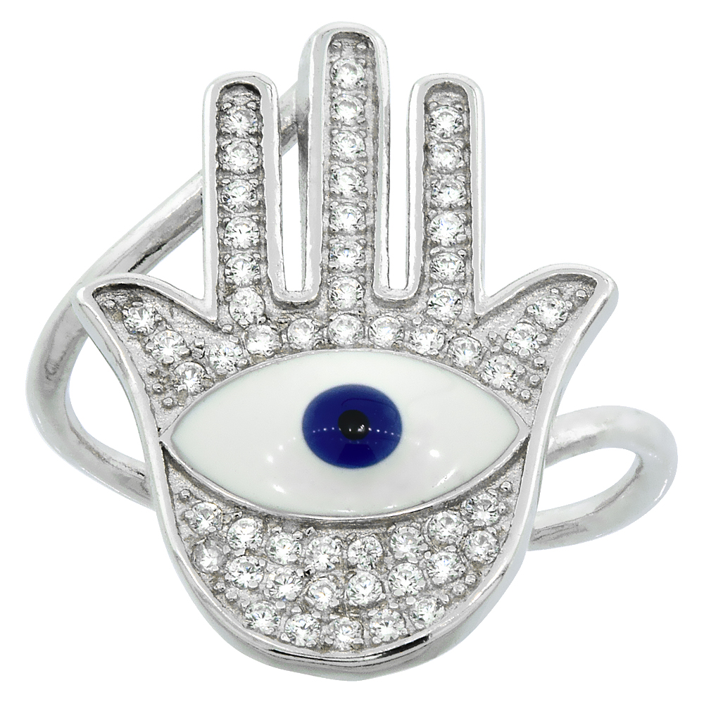 Sterling Silver Cubic Zirconia Hamsa Evil Eye Ring Micro pave 13/16 inch wide, sizes 6 - 9