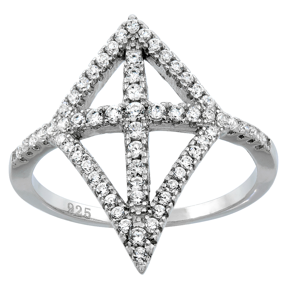 STERLING SILVER CUBIC ZIRCONIA CROSS RING MICRO PAVE 13/16 INCH WIDE, SIZES 6 - 9