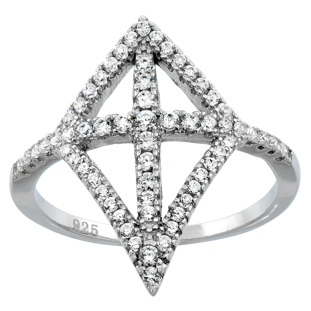 Sterling Silver Cubic Zirconia Cross Ring Micro pave 13/16 inch wide, sizes 6 - 9