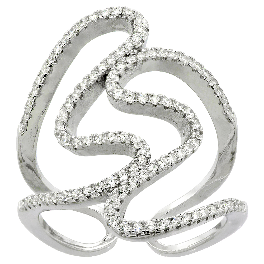 Sterling Silver Cubic Zirconia Double Squiggly Open Ring Micro pave 1 inch wide, sizes 6 - 9